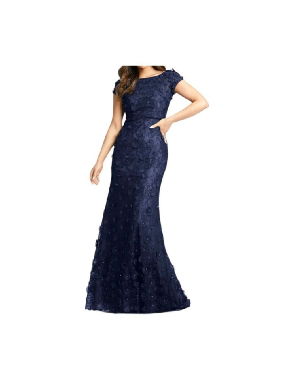 MAC DUGGAL FLORAL APPLIQUE BOAT NECK SHORT SLEEVE GOWN 67711 MIDNIGHT BLUE SIZE